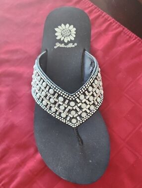 Yellow Box Black Jeweled V-strap Sandal